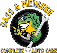 Smiling fish with wrench, auto care logo.